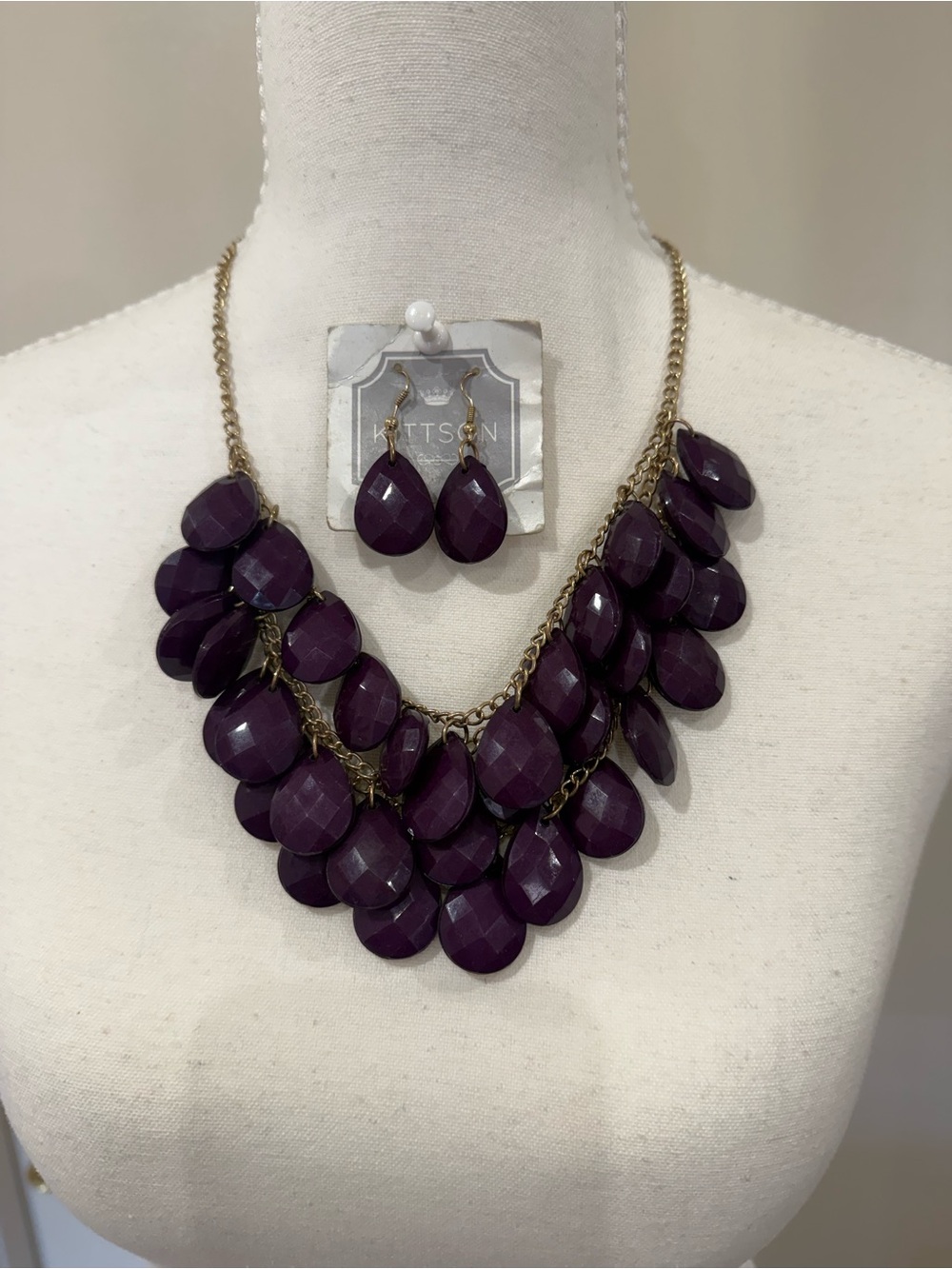 kittson Deep Purple Teardrop Layered Statement Necklace with Matching Earrings